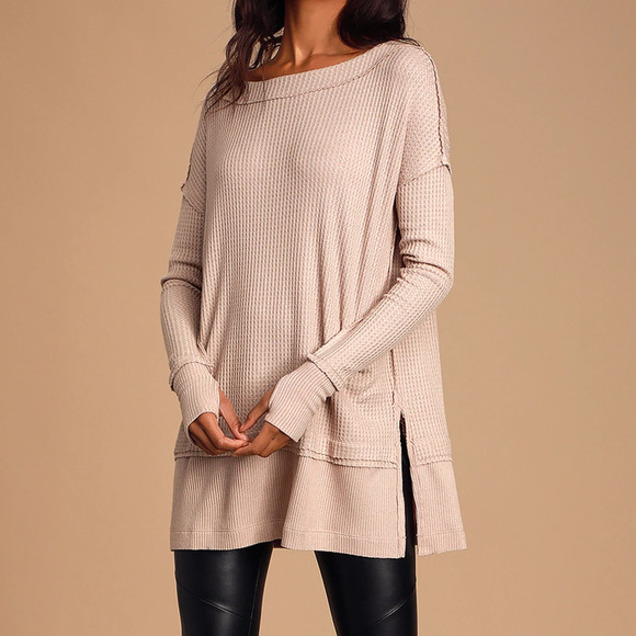 Free People Thermal Top Small Sand Beige Waffle Knit Long Sleeve Oversized - Picture 2 of 14